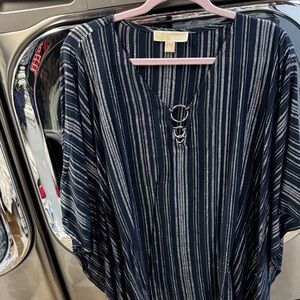 Michael Kors Navy and Silver Striped Top 2x blouse poncho kimono style